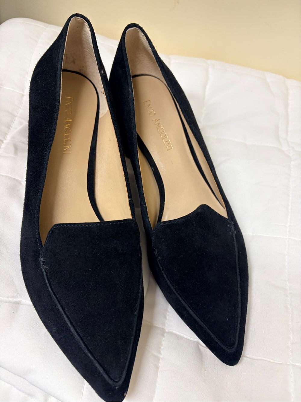 Enzo Angiolini Black Suede Pointed Pumps with gold trim on heel